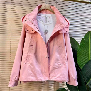 新款 春季 休闲连帽冲锋衣外套上衣宽松百搭显瘦外衣 女装 胖妹妹大码