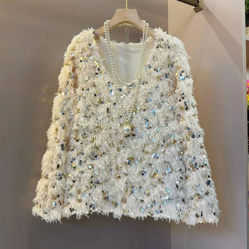 新款洋气百搭毛绒亮片小衫