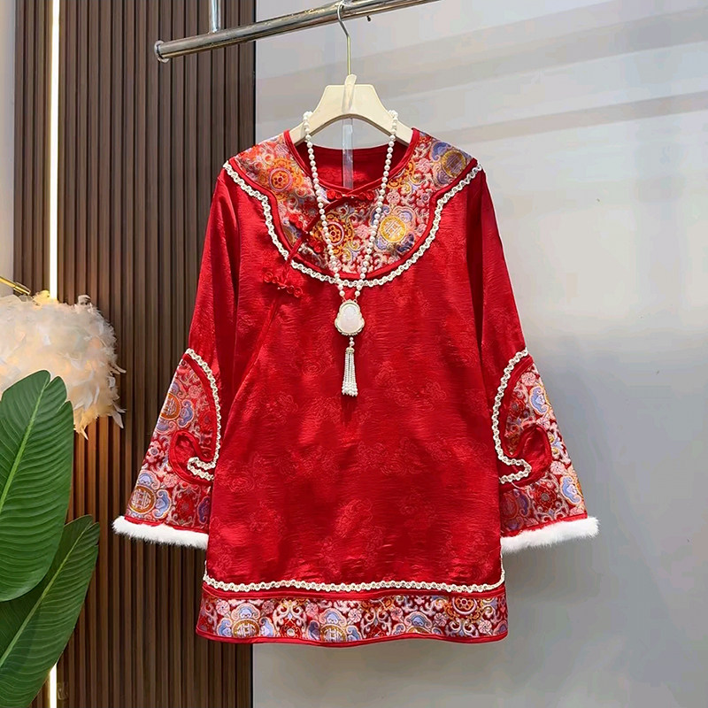 冬季新年国风大码遮肉宽松衬衫