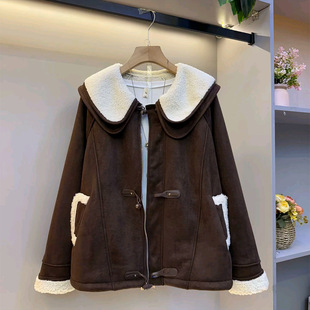 女装 大码 胖妹妹欧货拼接娃娃领外衣高级感加绒保暖外套潮 新款 冬季