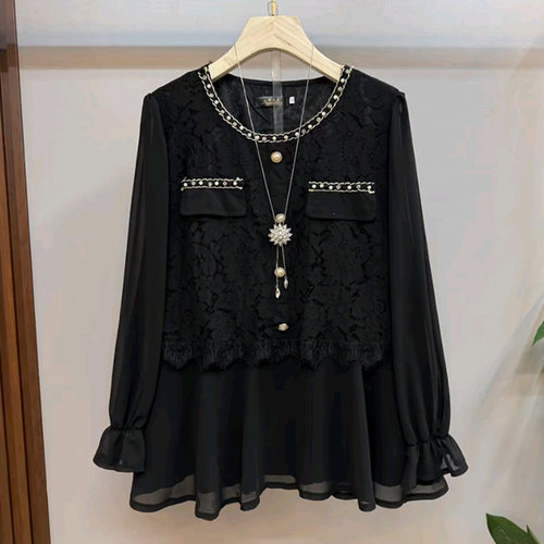 小香风钉珠领拼接小衫