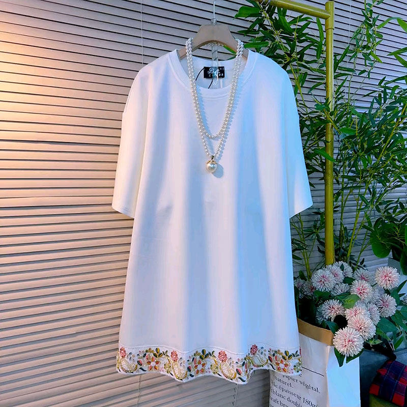 2026春季新款韩版时尚简约重工钉珠花边T恤大码女装胖mm短袖上衣,女装/女士精品,大码内搭,淘宝优惠券,粉丝福利购,淘宝优惠卷