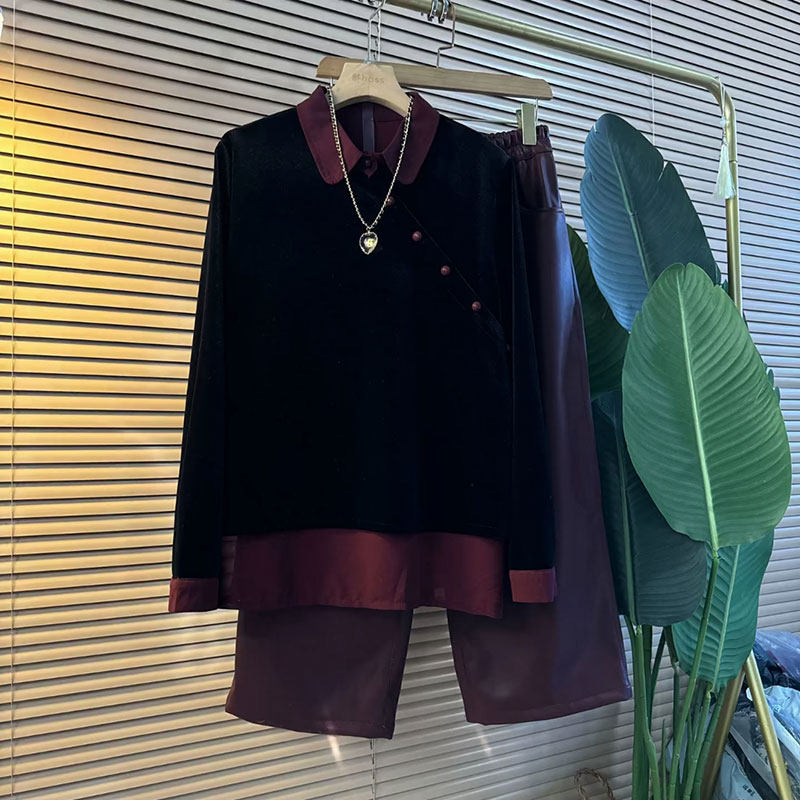 时尚拼接丝绒衬衫打底上衣宽松百搭皮裤胖妹妹加大码女装秋冬新款