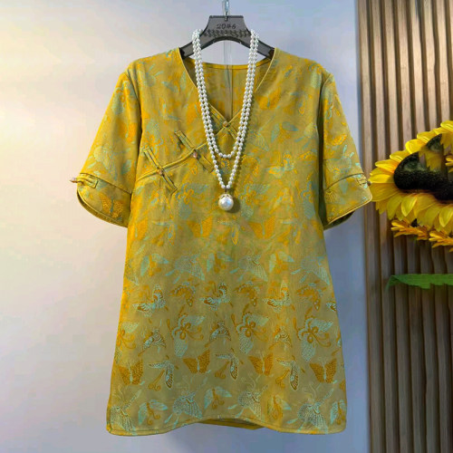 国风V领半袖大码盘扣上衣