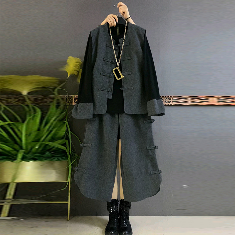 新中式复古马甲打底衫裤子三件套