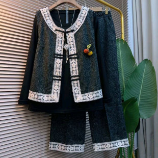 女装 子打底上衣大码 香风拼接蕾丝亮晶晶气质马甲三件套裤 欧货时尚