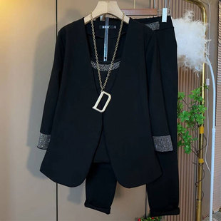 女装 时尚 子显瘦三件套胖妹妹大码 复古烫钻打底背心西服上衣裤 欧版