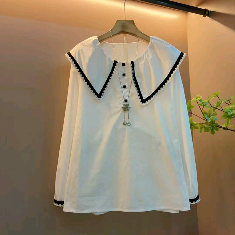 娃娃领大码女装拼接花边上衣