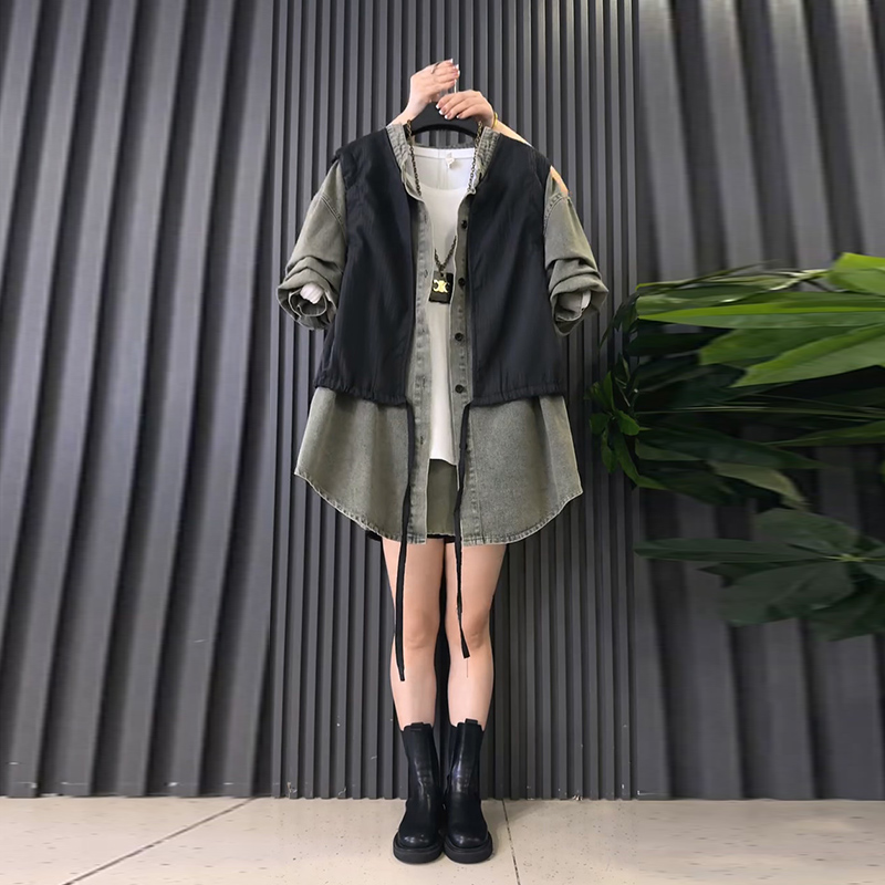 2025爆款韩版假两件牛仔衬衫外套