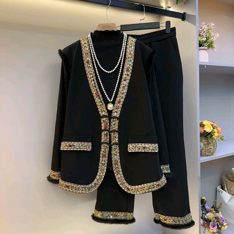 复古大码女装盘扣马甲打底裤子