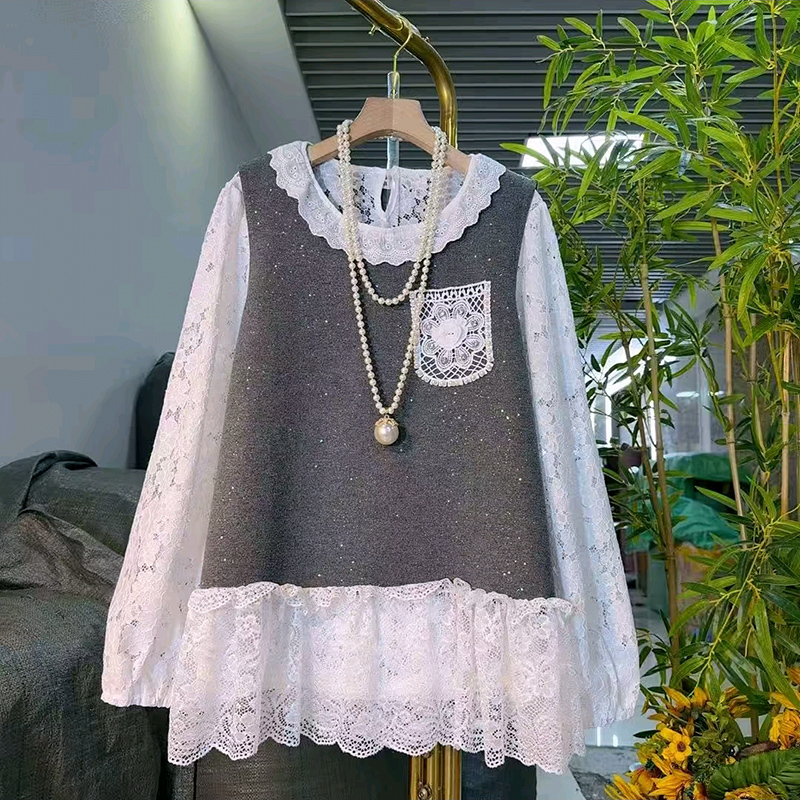 新款大码女装拼接马甲蕾丝打底衫