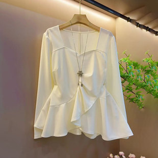 遮肉洋气方领不规则拼接长袖 甜美胖mm优雅女人衫 秋季 女装 上衣 大码