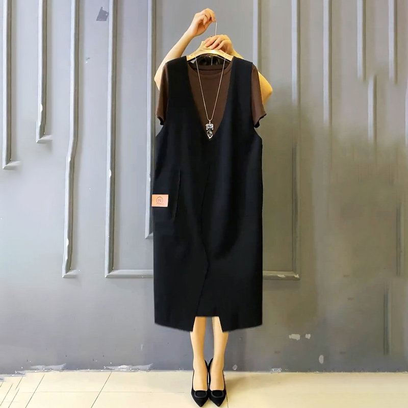 韩版加大码女装胖mm夏季款短袖T恤百搭上衣宽松马甲裙洋气两件套,女装/女士精品,大码连衣裙,淘宝优惠券,粉丝福利购,淘宝优惠卷