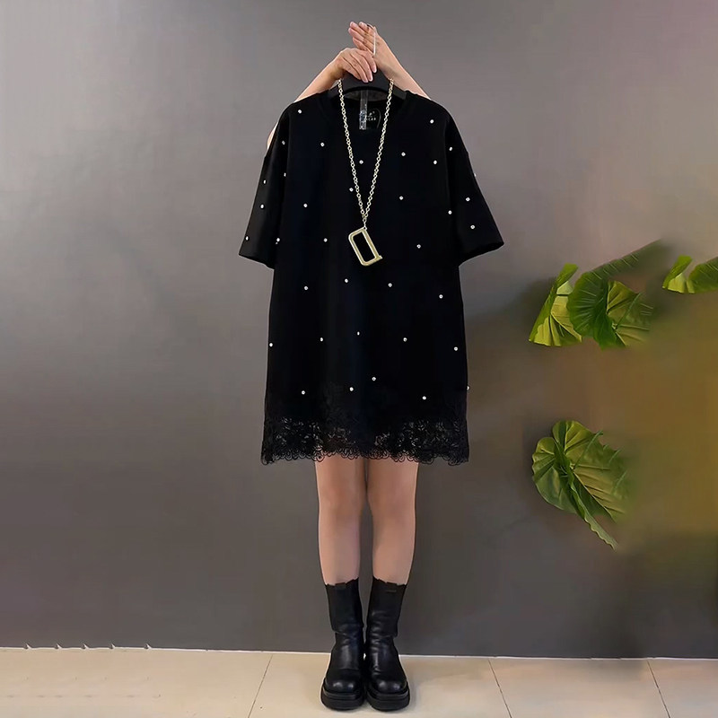 胖妹妹大码女装春季2026新款重工钉珠拼接蕾丝中长款时尚半袖衬衫,女装/女士精品,大码内搭,淘宝优惠券,粉丝福利购,淘宝优惠卷