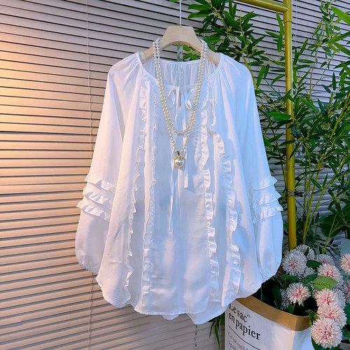 半开领花边蝴蝶结大码女装上衣