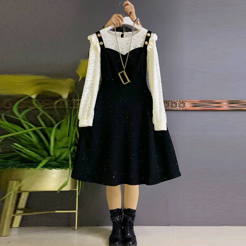 时尚撒银连衣裙百搭打底衫两件套