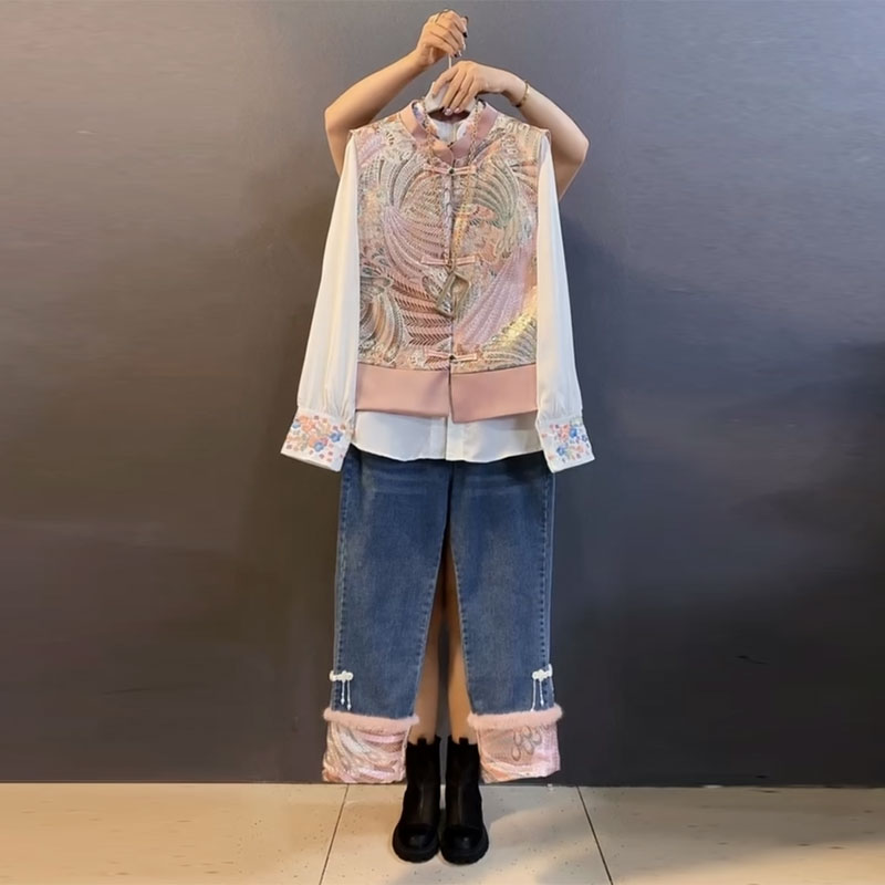 国风刺绣马甲花朵衬衫裤子