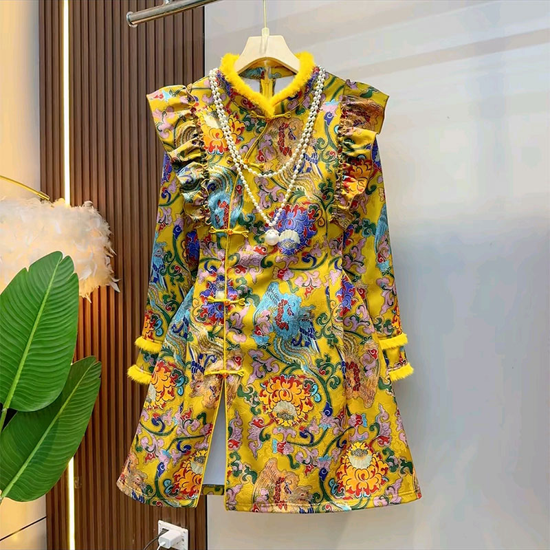 毛边收腰显瘦国风提花连衣裙