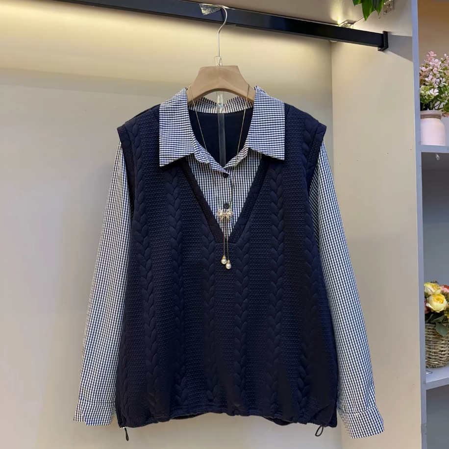 欧货气质假两件格子袖气质上衣
