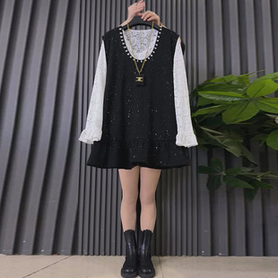 套装 时尚 新款 女装 甜美套裙 大码 胖妹妹重工钉钻亮晶晶马甲裙蕾丝衫