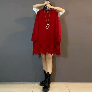 女装 2025新款 大码 洋气休闲百搭打底衫 胖妹妹蕾丝拼接宽松遮肉大衫