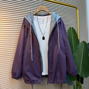 韩版 欧货2025秋新款 胖mm时尚 女装 休闲宽松抽绳连帽冲锋衣外套 大码