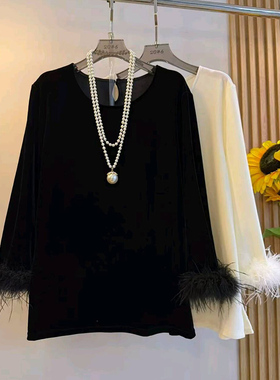 秋季新款气质毛毛袖丝绒圆领上衣大码女装胖mm宽松显瘦长袖女人衫