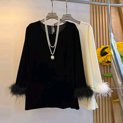 秋季新款气质毛毛袖丝绒圆领上衣