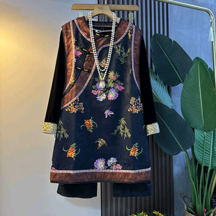 盘扣绣花马甲胖MM显瘦钉珠长衫 女装 秋季 爆款 子 时尚 拼接裤 复古大码