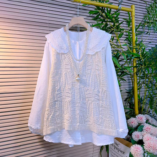 时尚镂空砍袖针织马甲娃娃领衬衫
