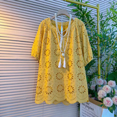 韩版 衫 宽松慵懒风镂空上衣大码 胖mm圆领系带显瘦百搭短袖 女装 新款