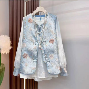 2026春季新款胖mm新中式大码女装气质国风提花美袖马甲打底衫套装