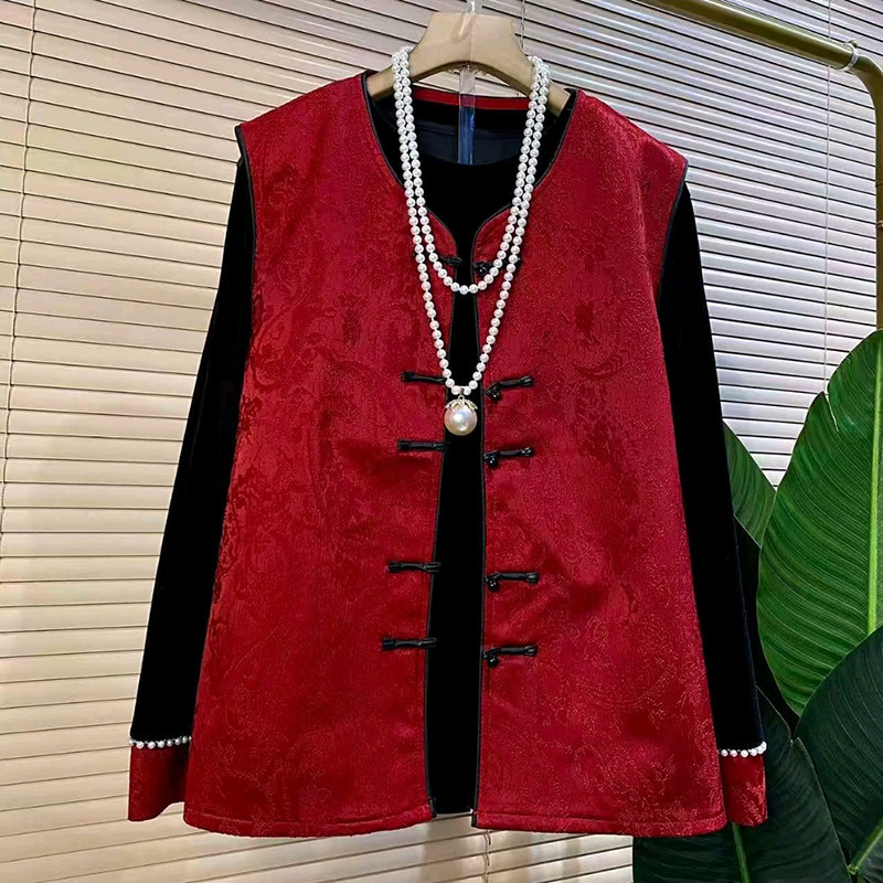 复古盘扣马甲两件套2026春季新款片拼接钉珠内搭国风马夹大码女装,女装/女士精品,大码套装,淘宝优惠券,粉丝福利购,淘宝优惠卷