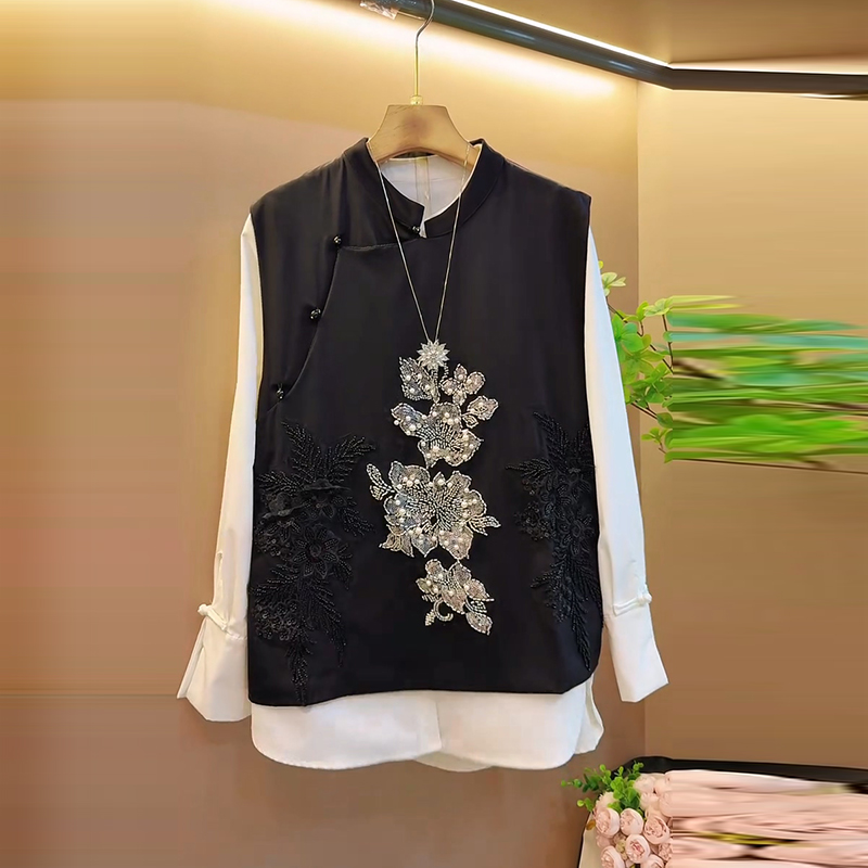 大码女装钉珠马甲打底衫两件套