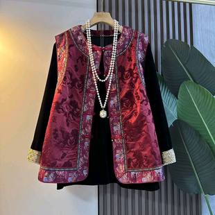 女装 胖MM显瘦盘扣马甲大码 国风马夹潮 钉珠拼接百搭打底衫 2025新款