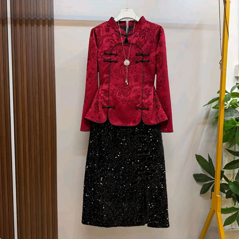 复古新中式大码女装时尚气质精致国风盘扣上衣亮片半身裙两件套新,女装/女士精品,大码套装,淘宝优惠券,粉丝福利购,淘宝优惠卷