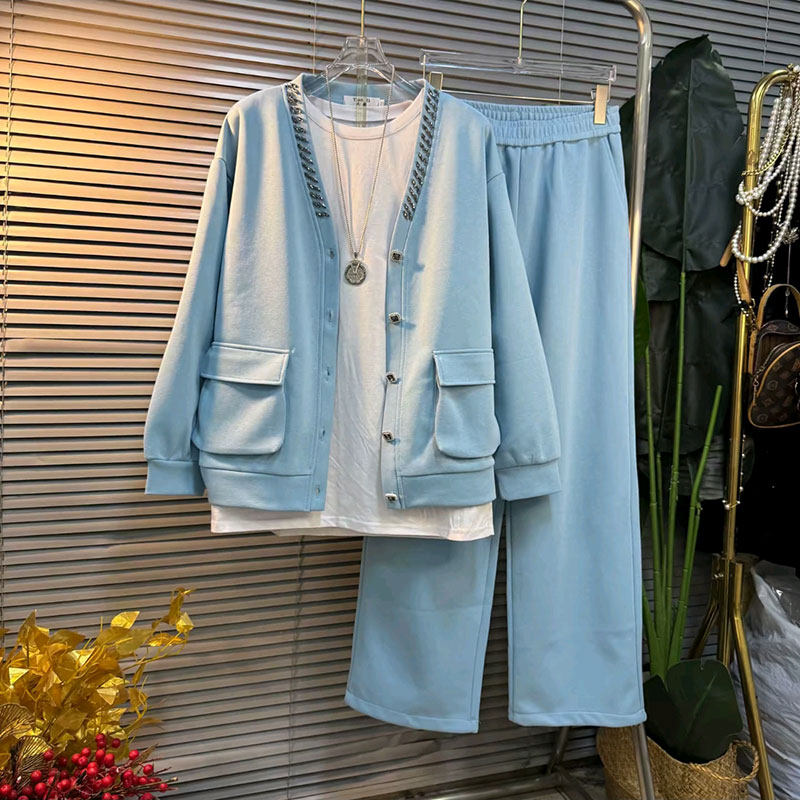 春季新款V领镶钻长袖卫衣直筒裤套装两件套大码女装休闲外套上衣,女装/女士精品,大码套装,淘宝优惠券,粉丝福利购,淘宝优惠卷