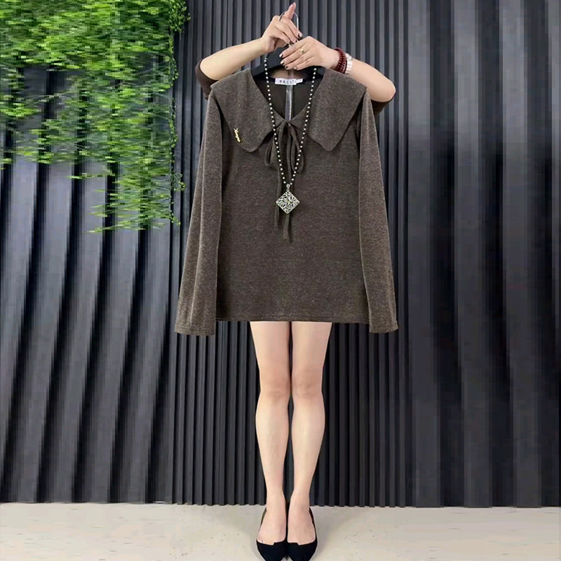 大码女装娃娃领系带长袖百搭小衫