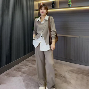 大码 穿搭条纹假两件上衣衬衫 女装 百搭裤 气质胖妹妹秋季 子套装 正装