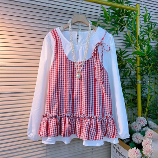 2026新款 春季 时尚 假两件韩版 胖妹妹大码 荷叶边拼色减龄百搭衫 女装