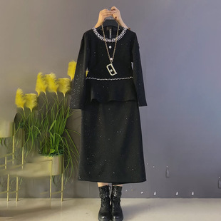 黑色名媛套装重工钉珠亮晶晶收腰上衣半松紧腰裙子胖妹妹秋冬新款