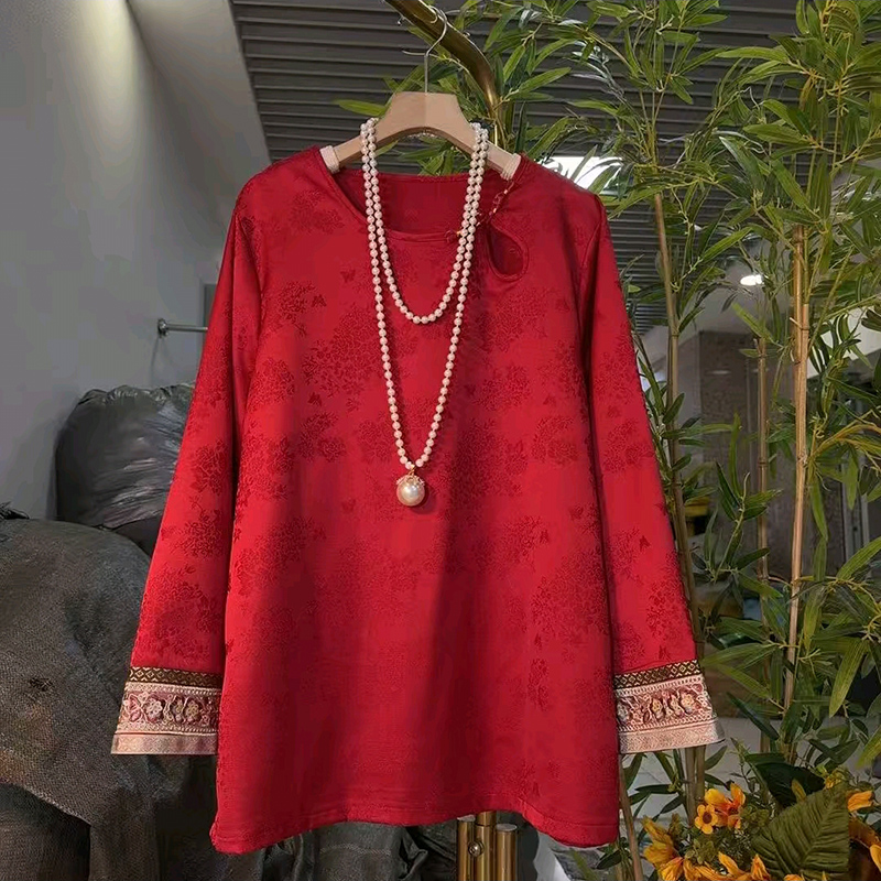 复古国风大码女装拼接提花大衫