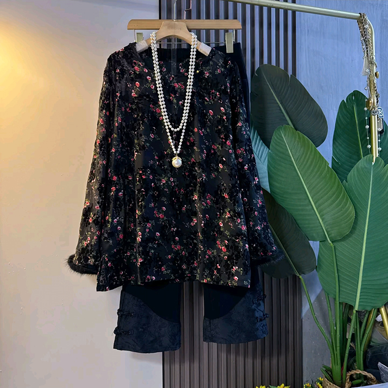 拼接盘扣裤子大码女装碎花衬衫