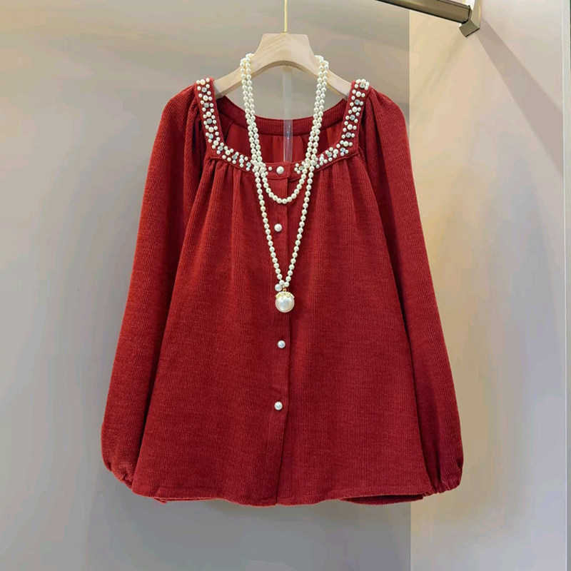 时尚方领时髦气质宽松系扣小衫