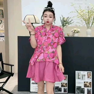 胖妹妹两件套潮 新中式 国风盘扣提花上衣加肥大码 半袖 上衣短裙套装