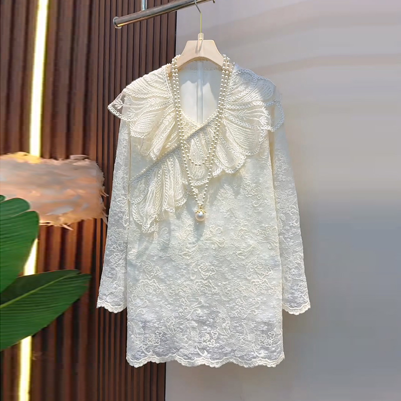 欧洲站气质荷叶领蕾丝刺绣女人衫