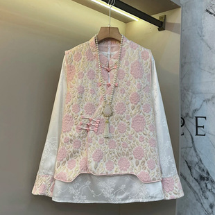 女装 新中式 胖妹妹大码 内搭套装 高端设计感不规则盘扣提花马甲拼袖