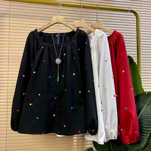 新款 减龄方口领重工提花刺绣设计百搭衬衫 大码 胖妹妹时尚 女装 冬季