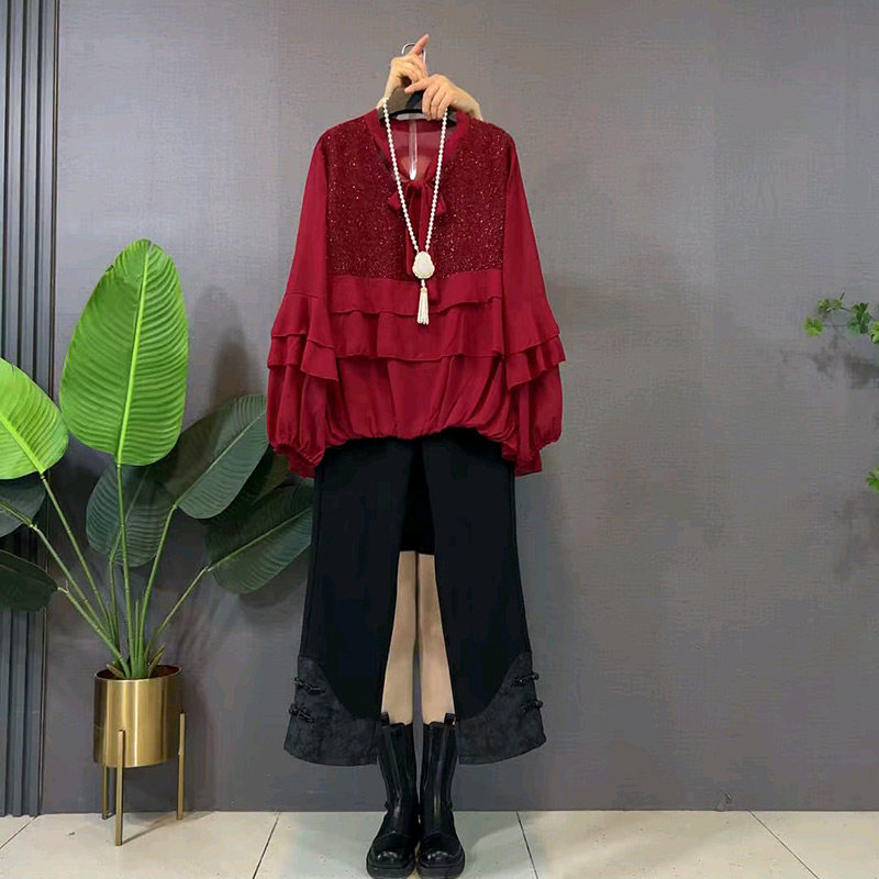 胖妹妹时尚荷叶边系带女人衫新款大码女装国风盘扣裤子大码女装潮,女装/女士精品,大码内搭,淘宝优惠券,粉丝福利购,淘宝优惠卷