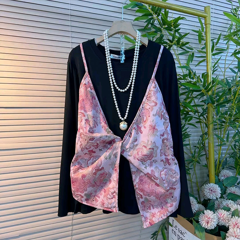 拼接假两件大码女装印花小衫